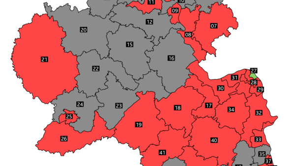 Die 52 Wahlkreise in Rheinland-Pfalz: Die SPD erhält 28 Direktmandate, die CDU erhält 23 Direktmandate und BÜNDNIS 90/DIE GRÜNEN erhalten 1 Direktmandat.